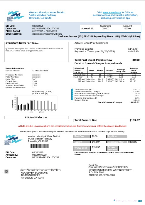 USA Western Municipal Water District business utility bill template in Word and PDF formats